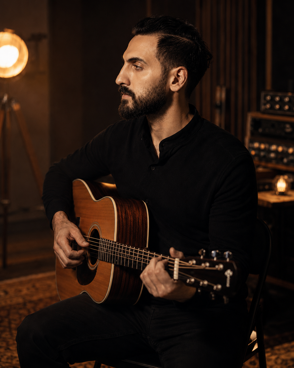 Wissam Barazi seated with a guitar